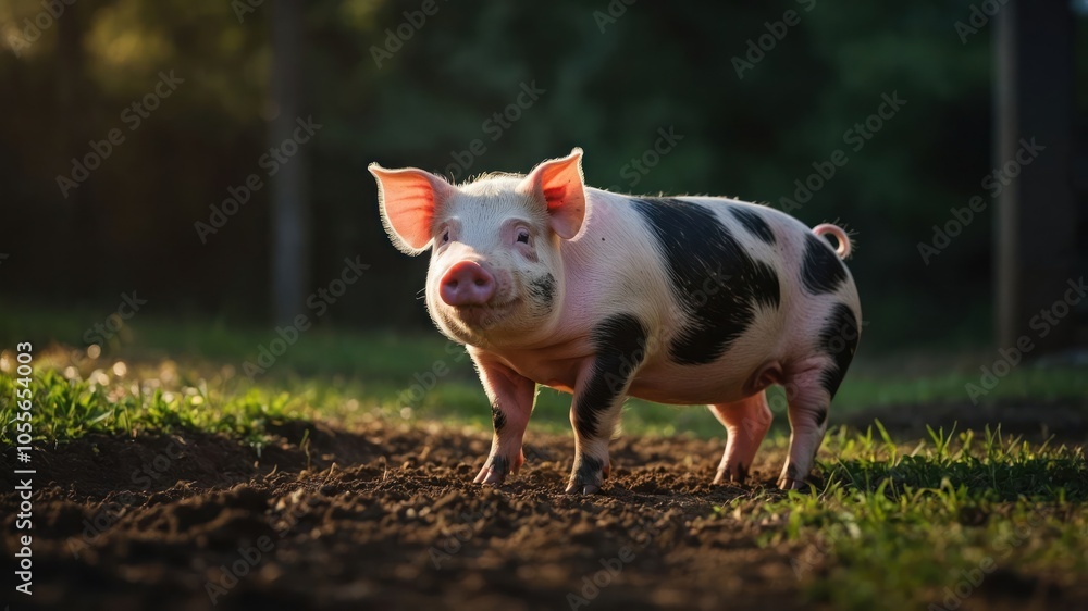 A cute pig standing on the ground with a natural background, captured in warm light. A cute pig standing on the ground with a natural background, captured in warm light.