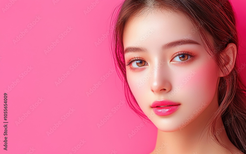 Close-up portrait of a woman with flawless skin, soft makeup, and a vibrant pink background, exuding beauty and confidence. Close-up portrait of a woman with flawless skin, soft makeup, and a vibrant pink background, exuding beauty and confidence.