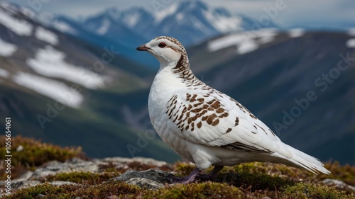 A white bird with brown spots stands on rocky terrain, mountains in the background.