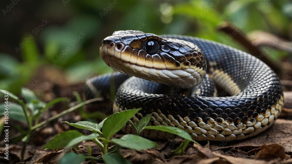 A close-up of a snake resting on the forest floor among green foliage. A close-up of a snake resting on the forest floor among green foliage.