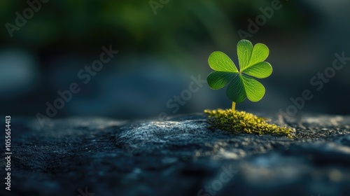 Green four leaf clover resting on a surface representing nature s rarity in spring symbolizes good luck and fortune embodying the essence of a lucky charm photo