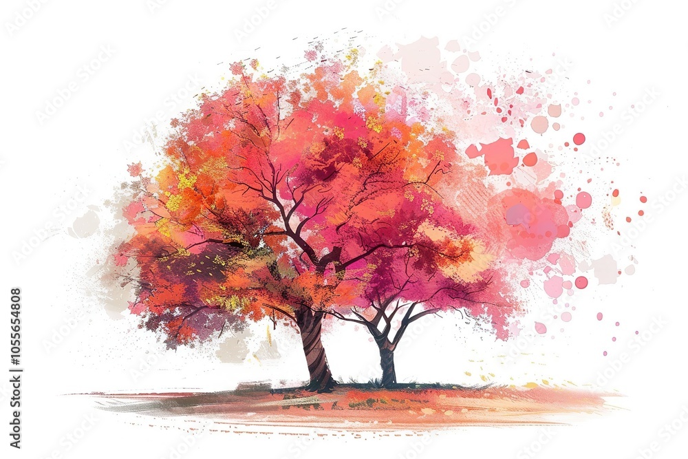 Obraz premium A colorful watercolor painting of a tree with splashes of vibrant hues in blue, purple, red, and orange, blending into an abstract design