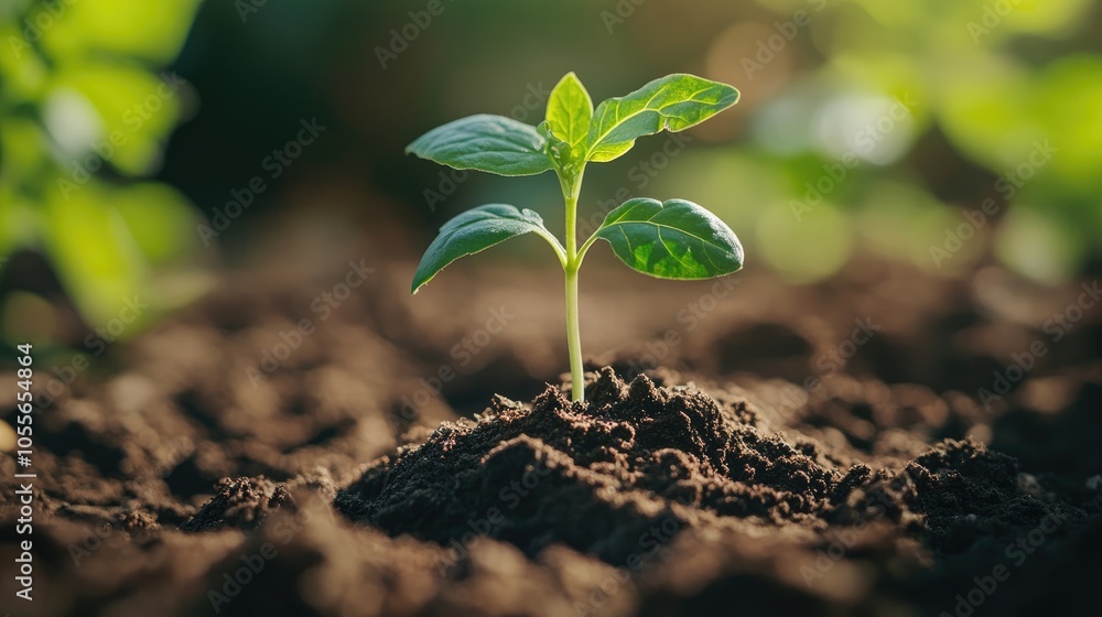 A young plant sprouting with tiny leaves emerging from mounds of soil A young plant sprouting with tiny leaves emerging from mounds of soil