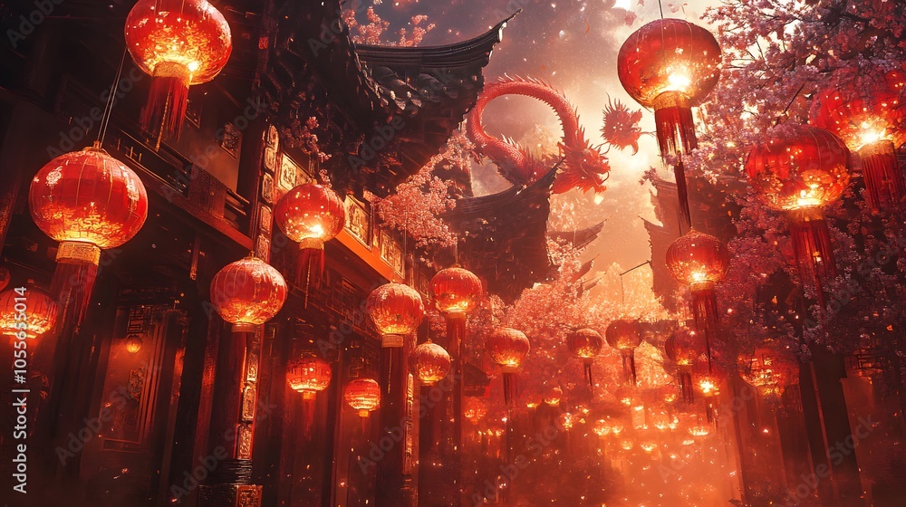A Dragon Ascending Through a Street of Glowing Lanterns A Dragon Ascending Through a Street of Glowing Lanterns