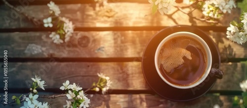 Coffee Cup Top View On Wooden Table Background Beautiful Morning Outdiir Spring Sun Light photo