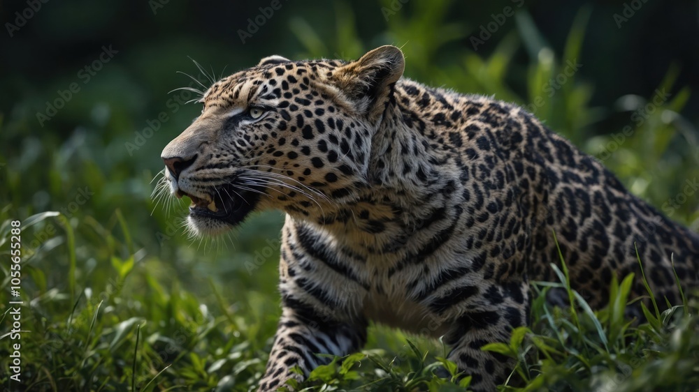 A leopard prowls through lush greenery, showcasing its striking coat and focused demeanor. A leopard prowls through lush greenery, showcasing its striking coat and focused demeanor.