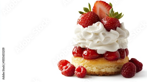 Strawberry shortcake with whipped cream and berries, with ample space for copy