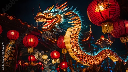 Illuminated Dragon Lantern with Red Lanterns at Night