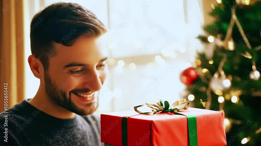 Smiling happy man with wrapped gift near decorated Christmas tree with festive lights, warm holiday concept Smiling happy man with wrapped gift near decorated Christmas tree with festive lights, warm holiday concept