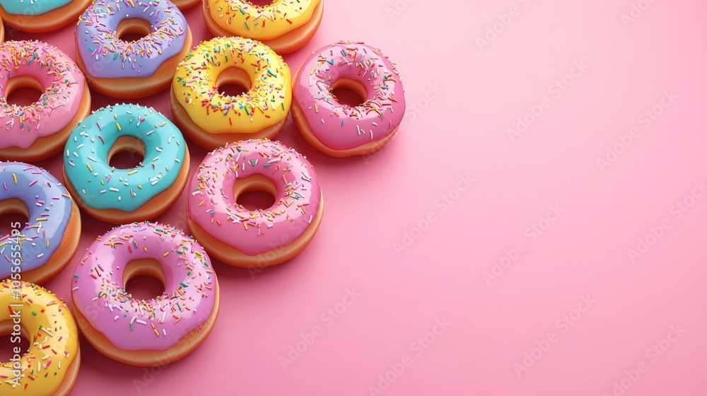 Variety of colorful donuts with sprinkles and icing displayed on a soft pink background creating a vibrant and appealing long banner Variety of colorful donuts with sprinkles and icing displayed on a soft pink background creating a vibrant and appealing long banner