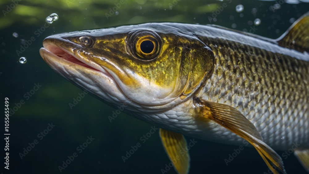 A close-up of a fish swimming underwater, showcasing its features and bubbles around it. A close-up of a fish swimming underwater, showcasing its features and bubbles around it.