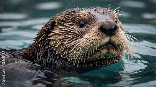 A close-up of a wet otter swimming in water, showcasing its expressive face and whiskers.