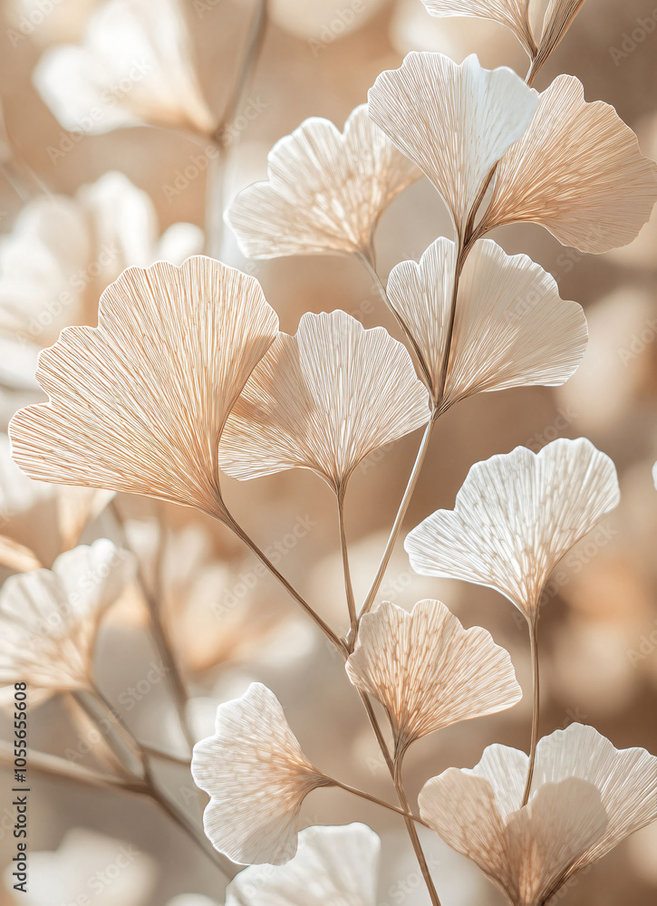 Close-up of ginkgo leaves, with light brown and white colors, layered paper art style Close-up of ginkgo leaves, with light brown and white colors, layered paper art style