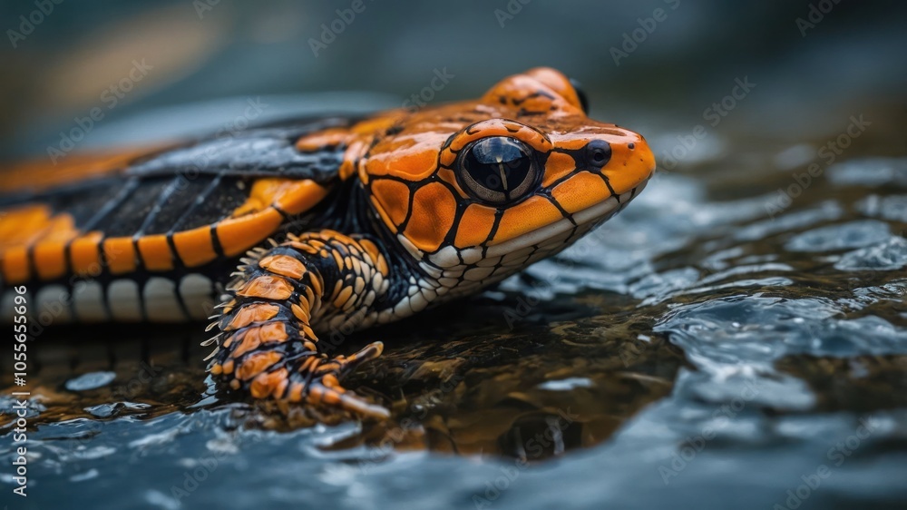 A close-up of a vibrant orange and black turtle resting in water. A close-up of a vibrant orange and black turtle resting in water.