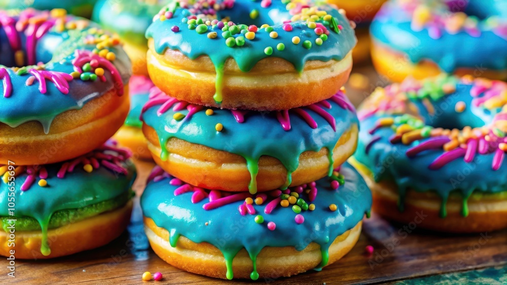 A stack of colorful donuts with a blue glaze, sprinkled with colorful sprinkles and drizzled with icing, against a rustic wooden background. A stack of colorful donuts with a blue glaze, sprinkled with colorful sprinkles and drizzled with icing, against a rustic wooden background.