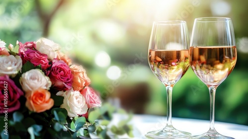 Two wine glasses with a bouquet of flowers on a table symbolizing romance and a special occasion for couples photo