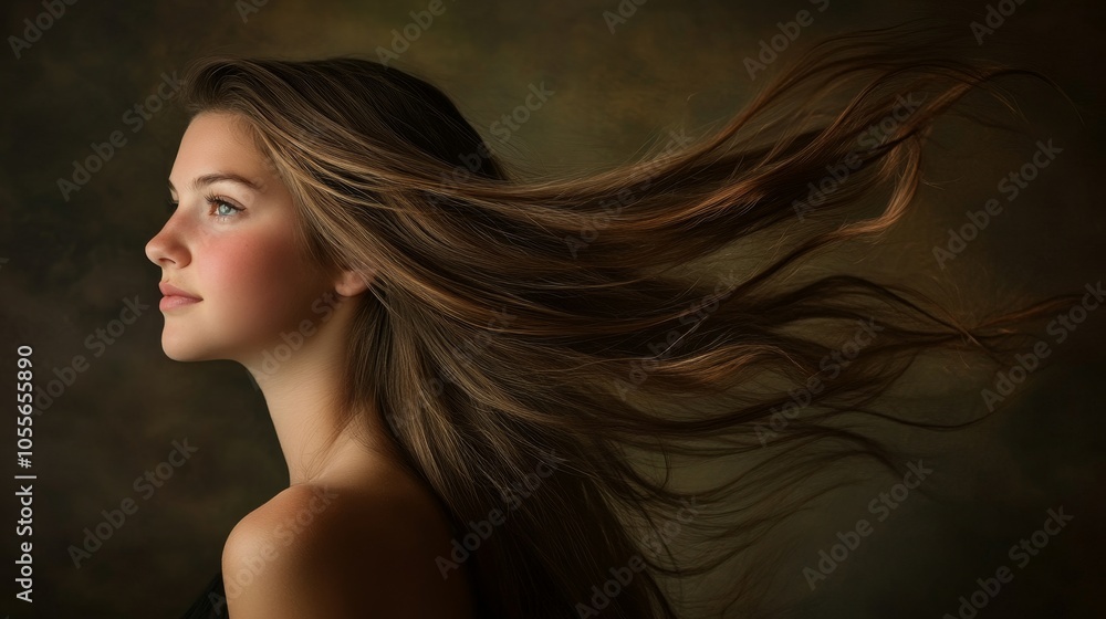 A portrait of a young woman with flowing hair, captured in soft lighting for a serene effect. A portrait of a young woman with flowing hair, captured in soft lighting for a serene effect.