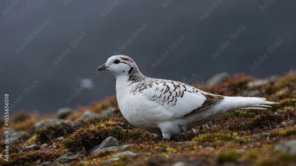 A white bird with brown markings stands on mossy ground in a misty environment. A white bird with brown markings stands on mossy ground in a misty environment.