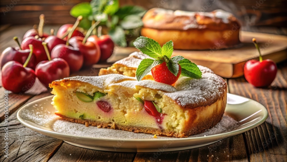 A slice of fruit pie dusted with powdered sugar, topped with a strawberry and a sprig of mint, served on a white plate with cherries in the background. A slice of fruit pie dusted with powdered sugar, topped with a strawberry and a sprig of mint, served on a white plate with cherries in the background.