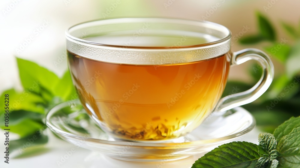 A clear glass cup filled with tea, surrounded by fresh green leaves, evoking a calming atmosphere. A clear glass cup filled with tea, surrounded by fresh green leaves, evoking a calming atmosphere.