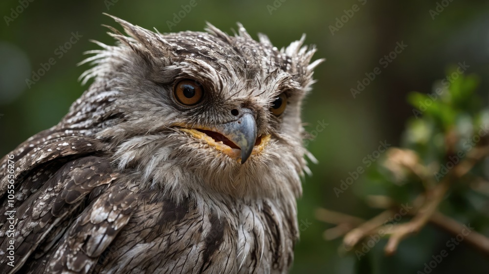 A close-up of a tawny frogmouth bird with striking features and a textured plumage. A close-up of a tawny frogmouth bird with striking features and a textured plumage.