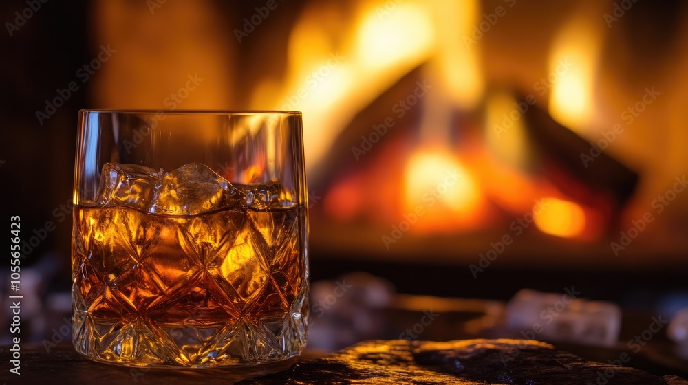 Whiskey on ice set against a warm fireplace backdrop creating a cozy and relaxed ambiance Whiskey on ice set against a warm fireplace backdrop creating a cozy and relaxed ambiance