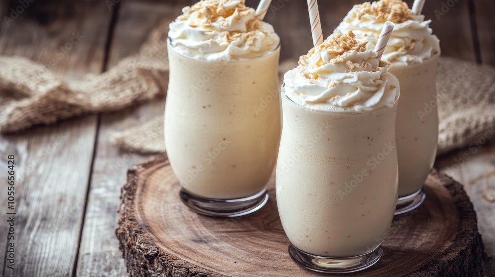 Milkshakes topped with cream placed on a wooden surface Milkshakes topped with cream placed on a wooden surface