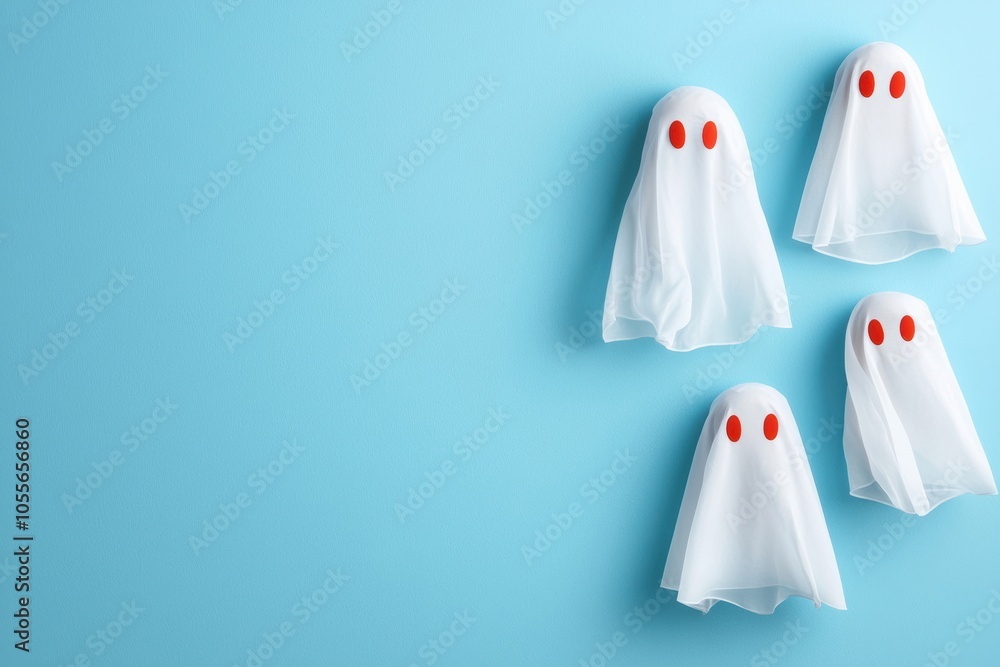 Whimsical ghost decorations on a vibrant blue background, perfect for Halloween themes or festive decorations that evoke a playful spirit. Whimsical ghost decorations on a vibrant blue background, perfect for Halloween themes or festive decorations that evoke a playful spirit.