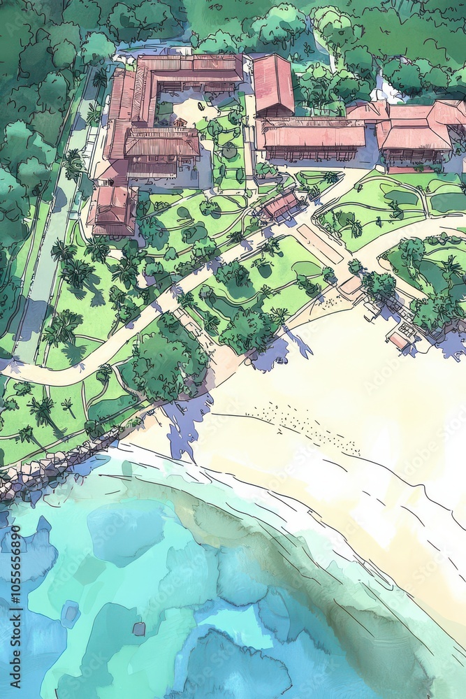 Fototapeta premium A stunning aerial view of a coastal resort featuring lush greenery, modern architecture, and serene beach access, perfect for travel and relaxation.