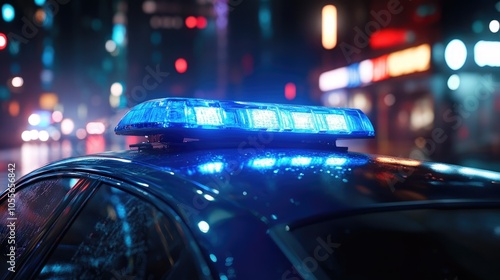 Close up view of a blue light on top of a police vehicle photo