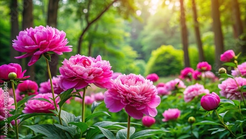 Pink peony flowers in a lush green garden surrounded by tall trees and vibrant foliage, pink flowers, greenery, trees, outdoor scene, peonies photo