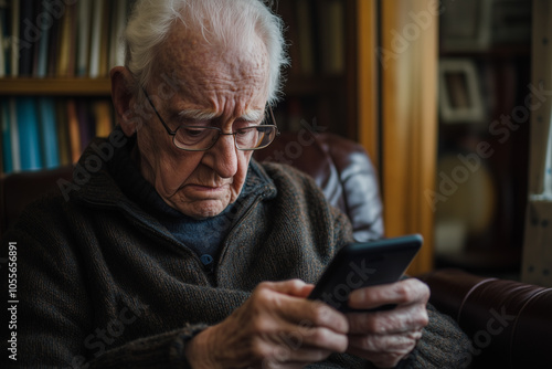 An elderly person struggling to use a smartphone, feeling frustrated and overwhelmed.An man sits comfortably in a chair, closely viewing his phone