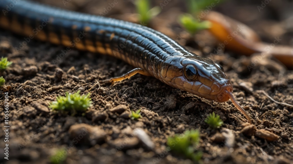 A close-up of a snake on the ground, showcasing its scales and surrounding vegetation. A close-up of a snake on the ground, showcasing its scales and surrounding vegetation.