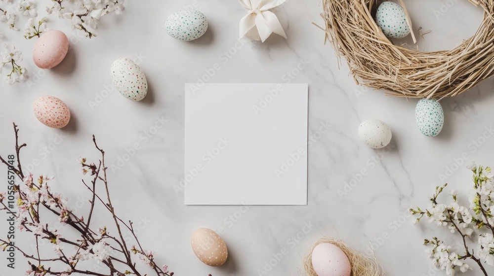 Flat lay composition featuring a mockup menu alongside Easter decorations including an Easter wreath and a blank card Flat lay composition featuring a mockup menu alongside Easter decorations including an Easter wreath and a blank card