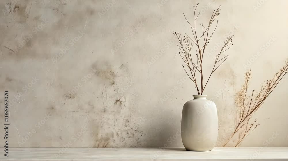 Elegant Minimalist Interior with White Dry Flowers in Ceramic Vase Against Textured Light Wall Elegant Minimalist Interior with White Dry Flowers in Ceramic Vase Against Textured Light Wall