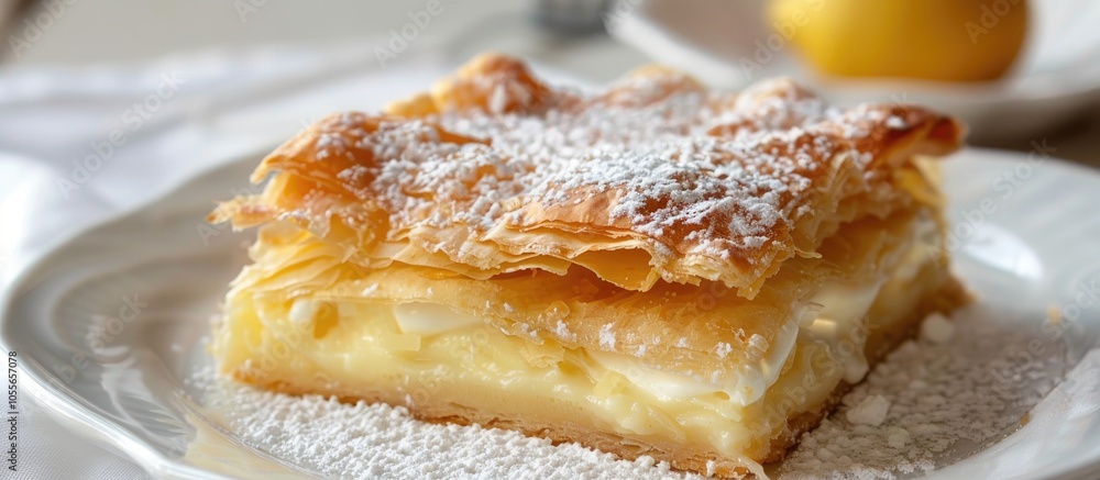 Bougatsa Greek Puff Pastry With Cream On White Dish Bougatsa Greek Puff Pastry With Cream On White Dish
