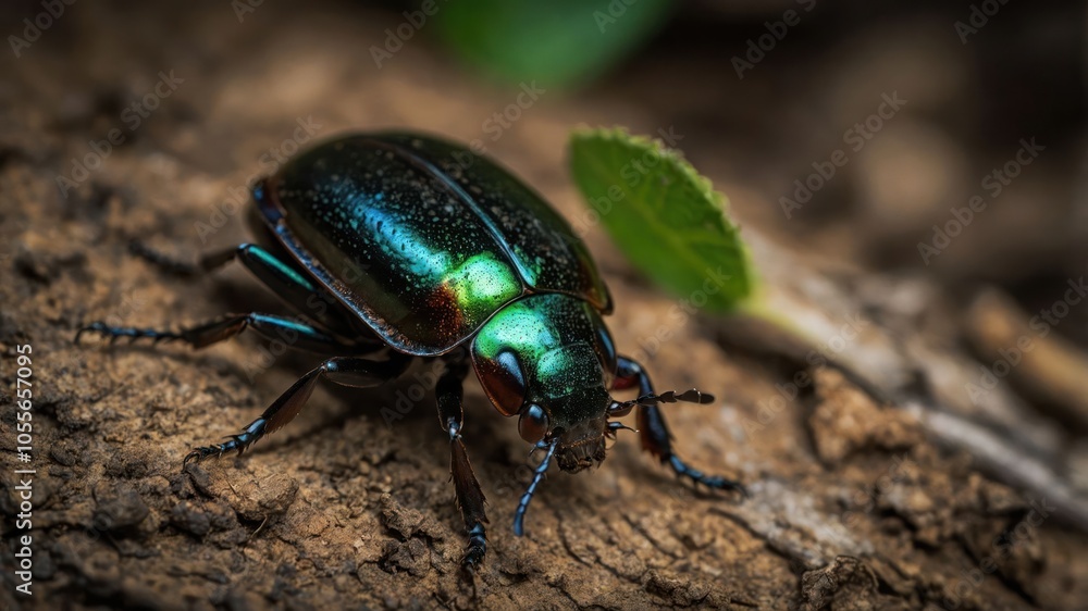 A close-up of a vibrant, iridescent beetle on textured soil. A close-up of a vibrant, iridescent beetle on textured soil.