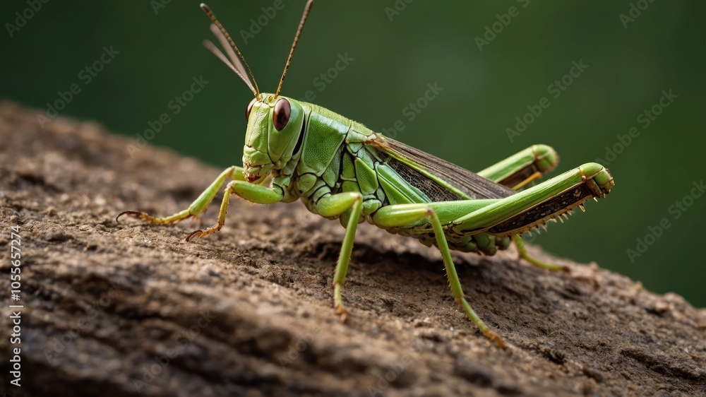 A close-up of a green grasshopper perched on a textured surface. A close-up of a green grasshopper perched on a textured surface.