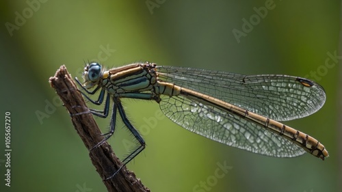 A close-up of a dragonfly perched on a twig, showcasing its intricate wings and body.