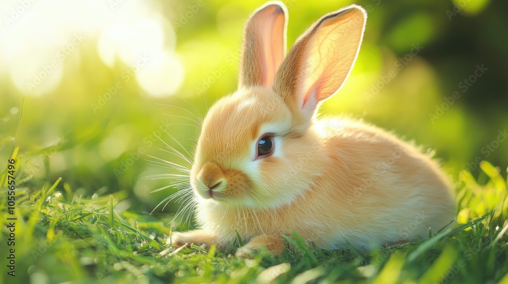 Playful small rabbit resting on the grass Playful small rabbit resting on the grass