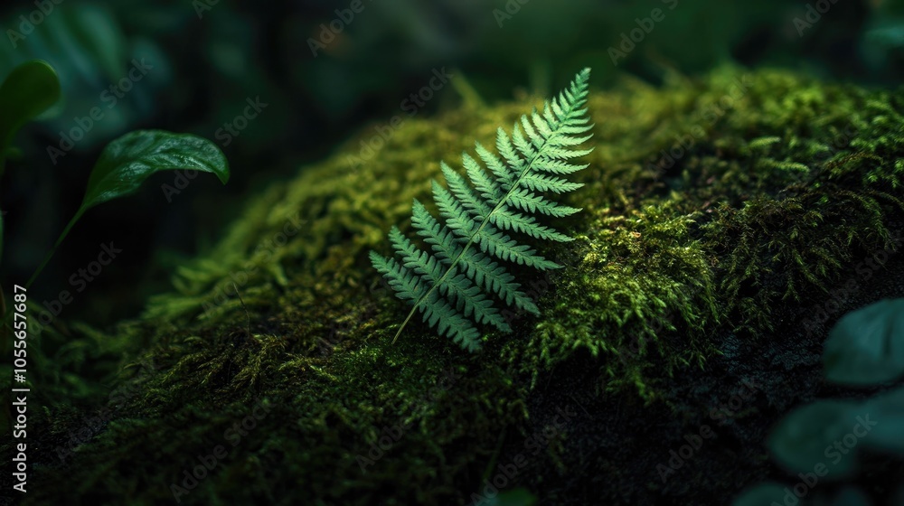 Close up of a green fern leaf on a moss covered forest floor in a dark woodland setting Close up of a green fern leaf on a moss covered forest floor in a dark woodland setting
