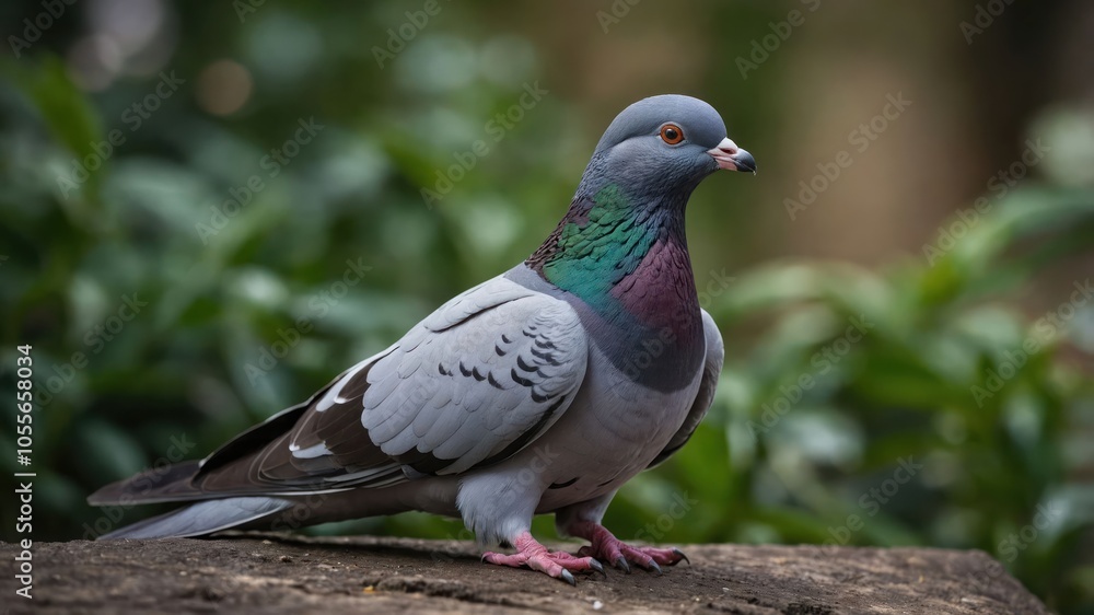 A close-up of a pigeon perched on a surface, showcasing its colorful plumage. A close-up of a pigeon perched on a surface, showcasing its colorful plumage.