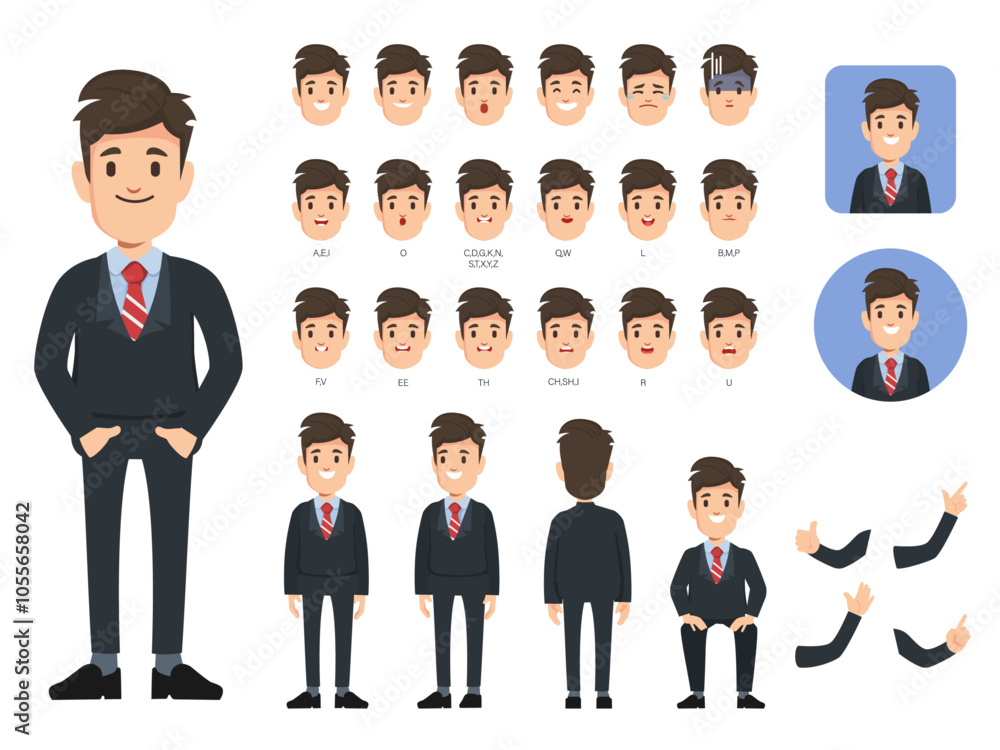 Cartoon character with businessman in casual wear for animation. Front, side, behaviour character. Separate parts of body. Flat vector illustration. Cartoon character with businessman in casual wear for animation. Front, side, behaviour character. Separate parts of body. Flat vector illustration.