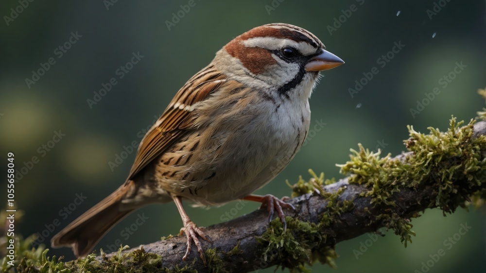 A close-up of a sparrow perched on a mossy branch in a natural setting. A close-up of a sparrow perched on a mossy branch in a natural setting.