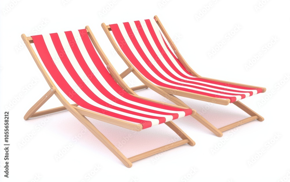 A pair of classic beach deck chairs featuring vibrant red and white stripes, perfect for relaxation by the sea or poolside. A pair of classic beach deck chairs featuring vibrant red and white stripes, perfect for relaxation by the sea or poolside.