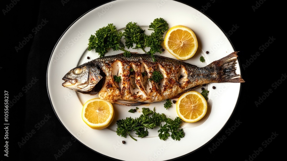 Grilled fish accompanied by fresh lemon slices and garnished with parsley presented on a white plate with a contrasting black background Grilled fish accompanied by fresh lemon slices and garnished with parsley presented on a white plate with a contrasting black background