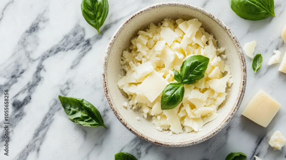 Dispersed cheese fragments and fresh basil leaves encircle a broken pot emphasizing a cooking mishap on a marble kitchen surface Dispersed cheese fragments and fresh basil leaves encircle a broken pot emphasizing a cooking mishap on a marble kitchen surface