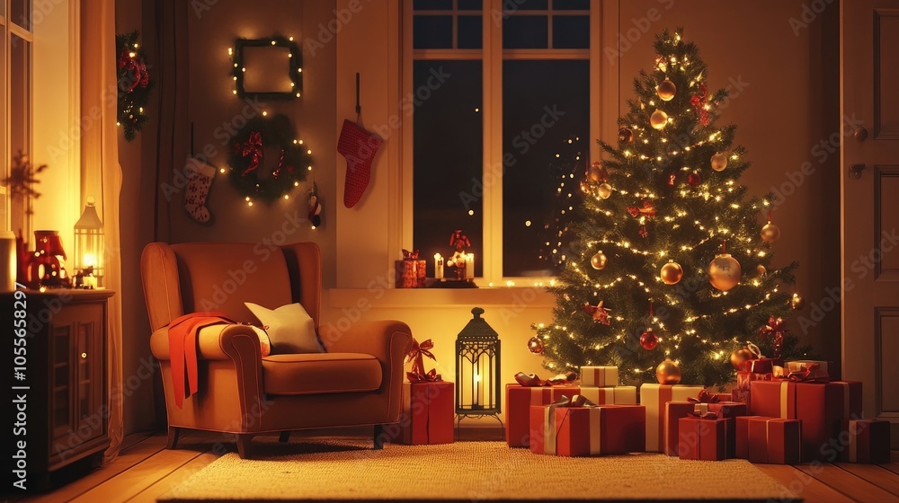 Cozy Christmas living room with armchair, Christmas tree, gifts, lanterns, and festive decorations Cozy Christmas living room with armchair, Christmas tree, gifts, lanterns, and festive decorations