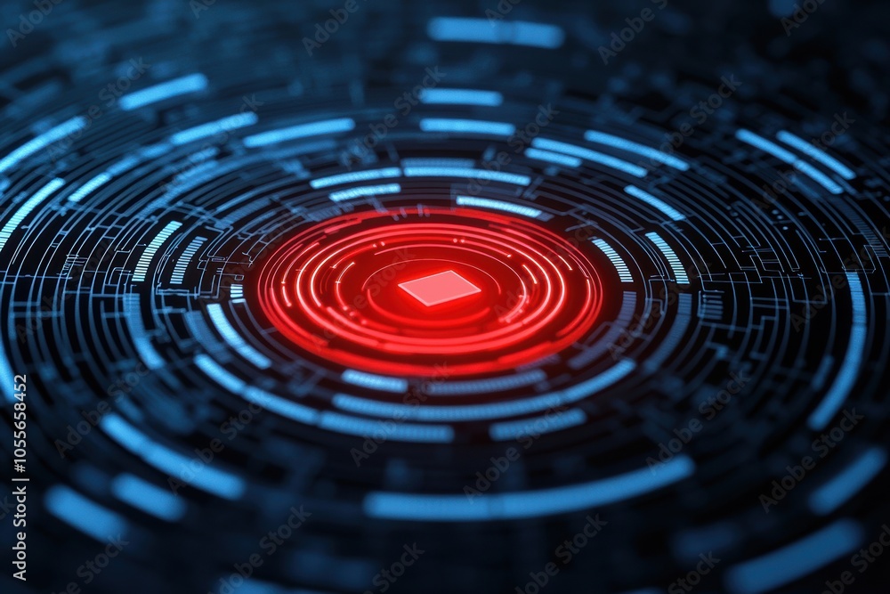Futuristic abstract design featuring a glowing red center amidst a circular pattern of blue and black, symbolizing technology and innovation. Futuristic abstract design featuring a glowing red center amidst a circular pattern of blue and black, symbolizing technology and innovation.