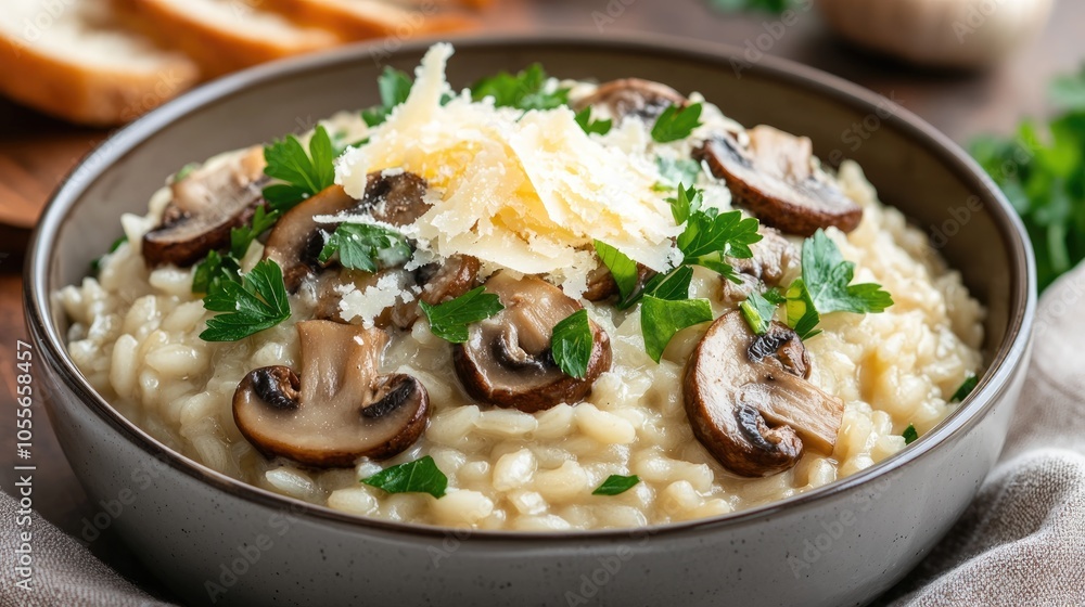 Creamy mushroom risotto topped with cheese and fresh parsley in a bowl Creamy mushroom risotto topped with cheese and fresh parsley in a bowl